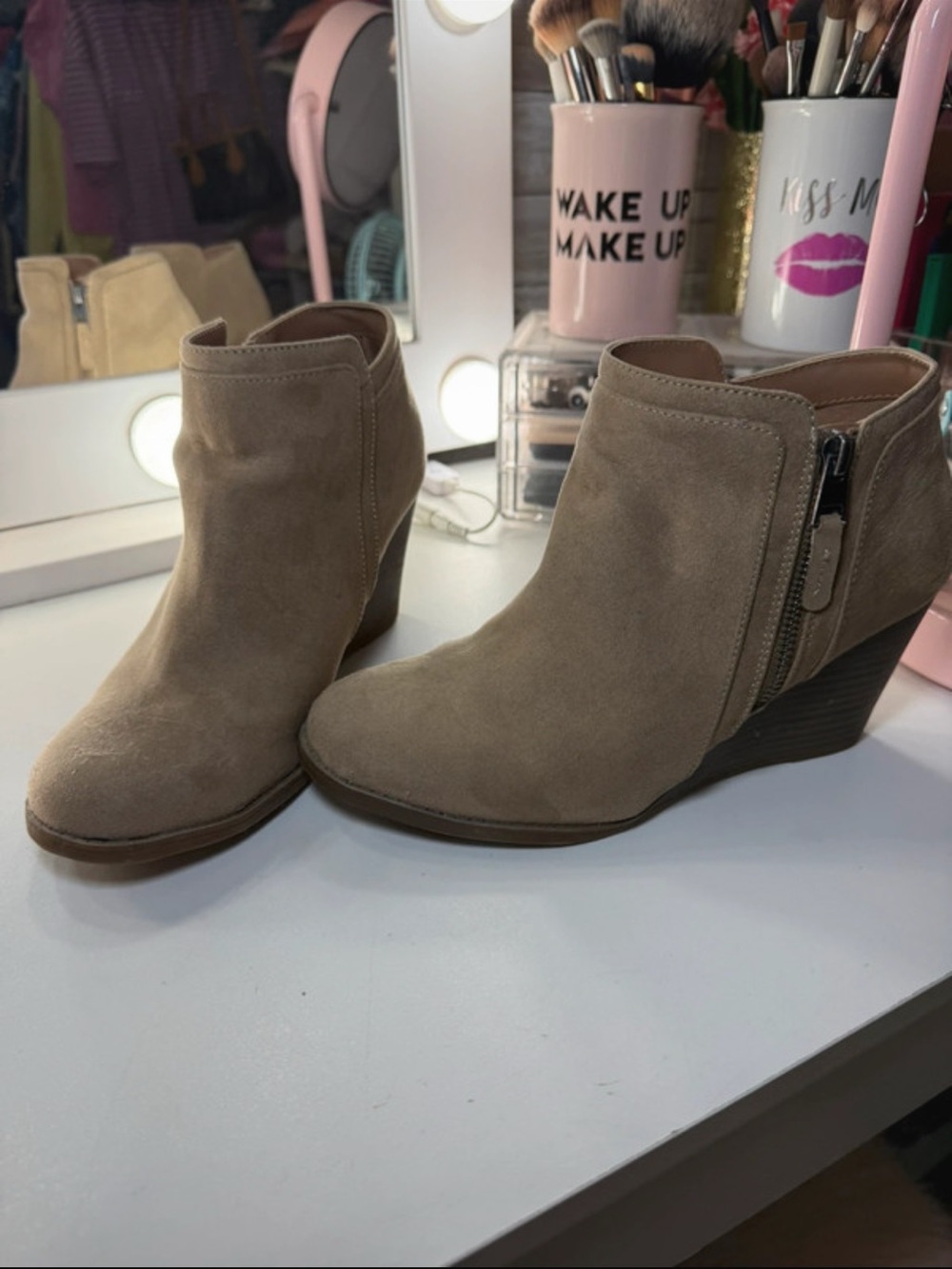 Time and Tru Taupe Suede Wedge Ankle Booties